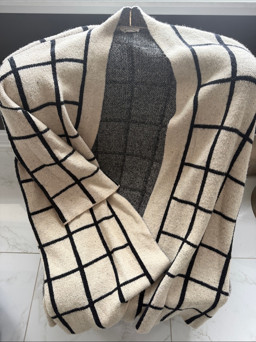 Doe & Rae Cream Windowpane Open-Front Coatigan